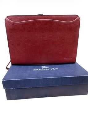 Burberrys Vintage Maroon Leather Interior Zip Clutch with Gold Plaque- Preowned